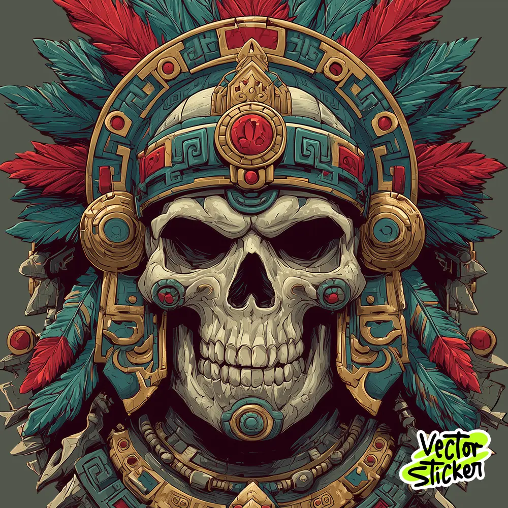 Aztec Skull with Headdress & Feathers Sticker
