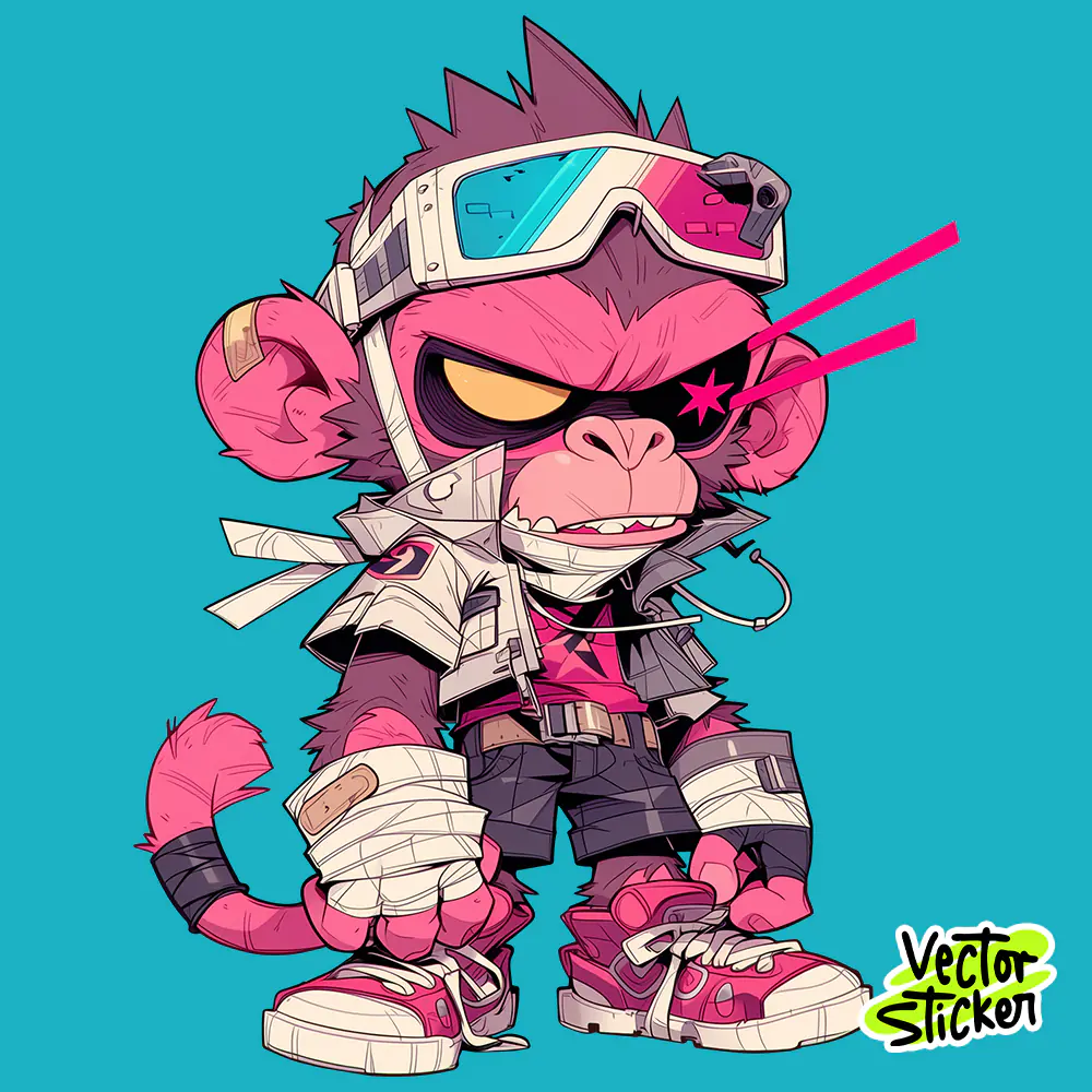 Cyberpunk Pink Monkey Doll Sticker Design – Y2K Vibe | VectorSticker Free PNG Download