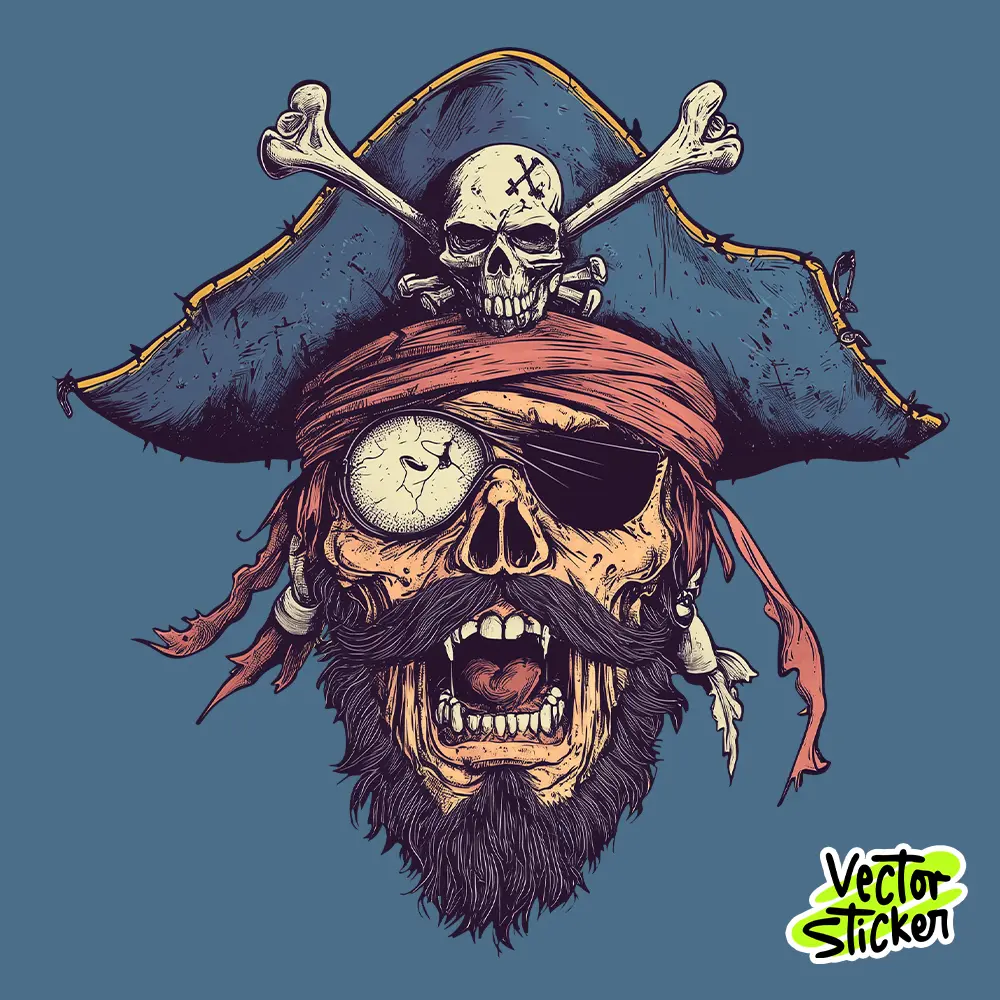 One-Eyed Skull Pirate – Cartoon Style Sticker Design