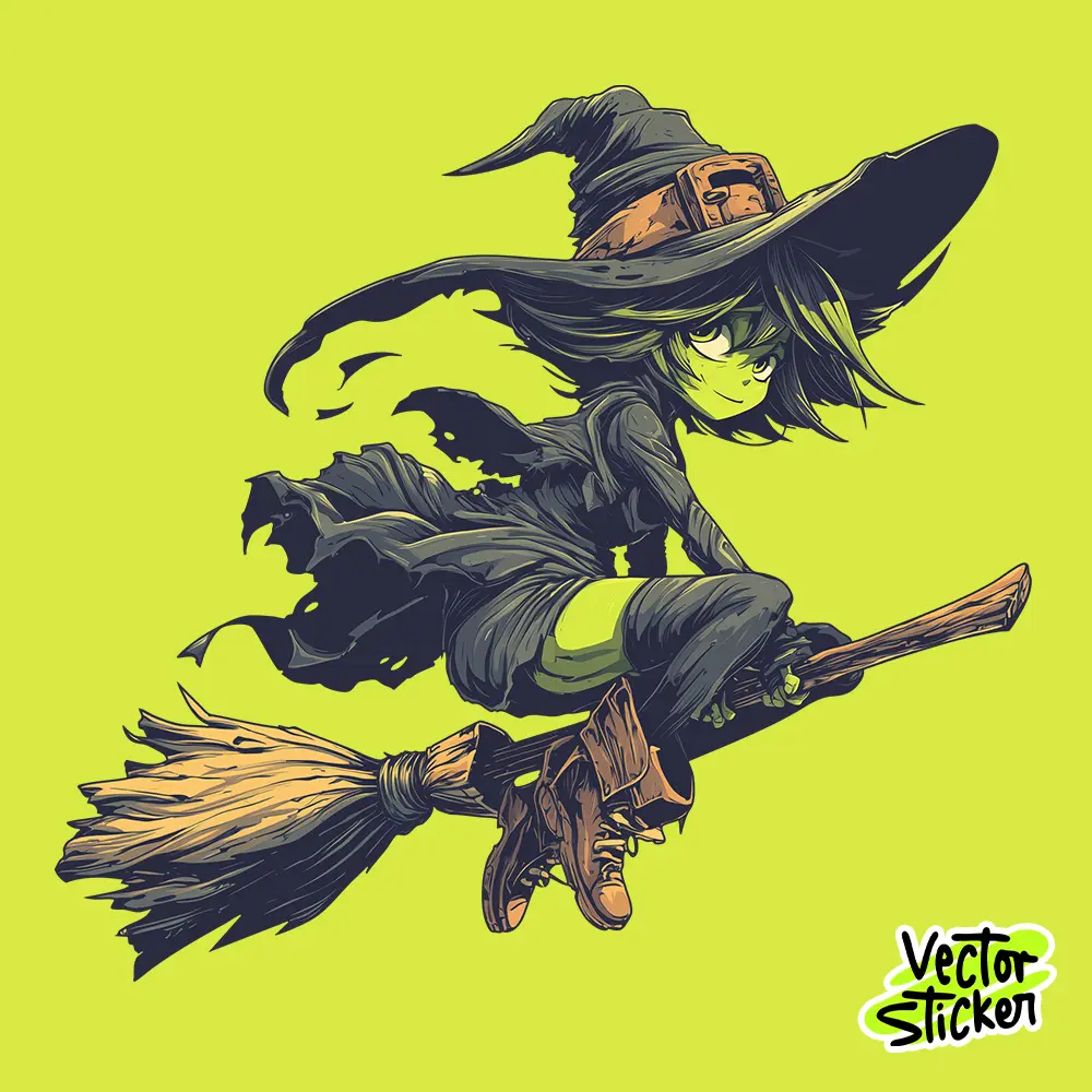 Halloween Flying Witch Vector Sticker Design