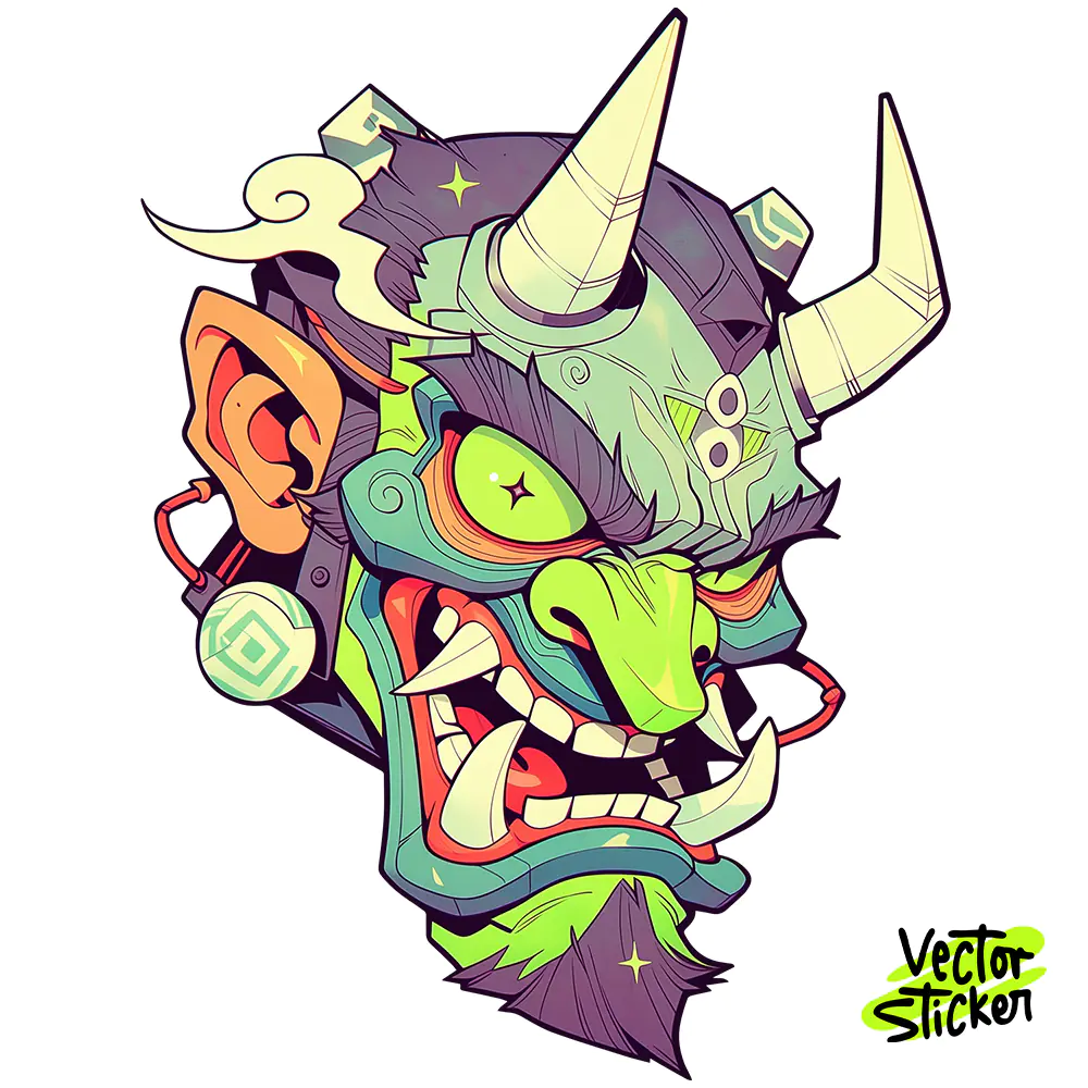 Cyberpunk Hannya Demon Sticker Design – Sci Fi Style | VectorSticker Free PNG Download