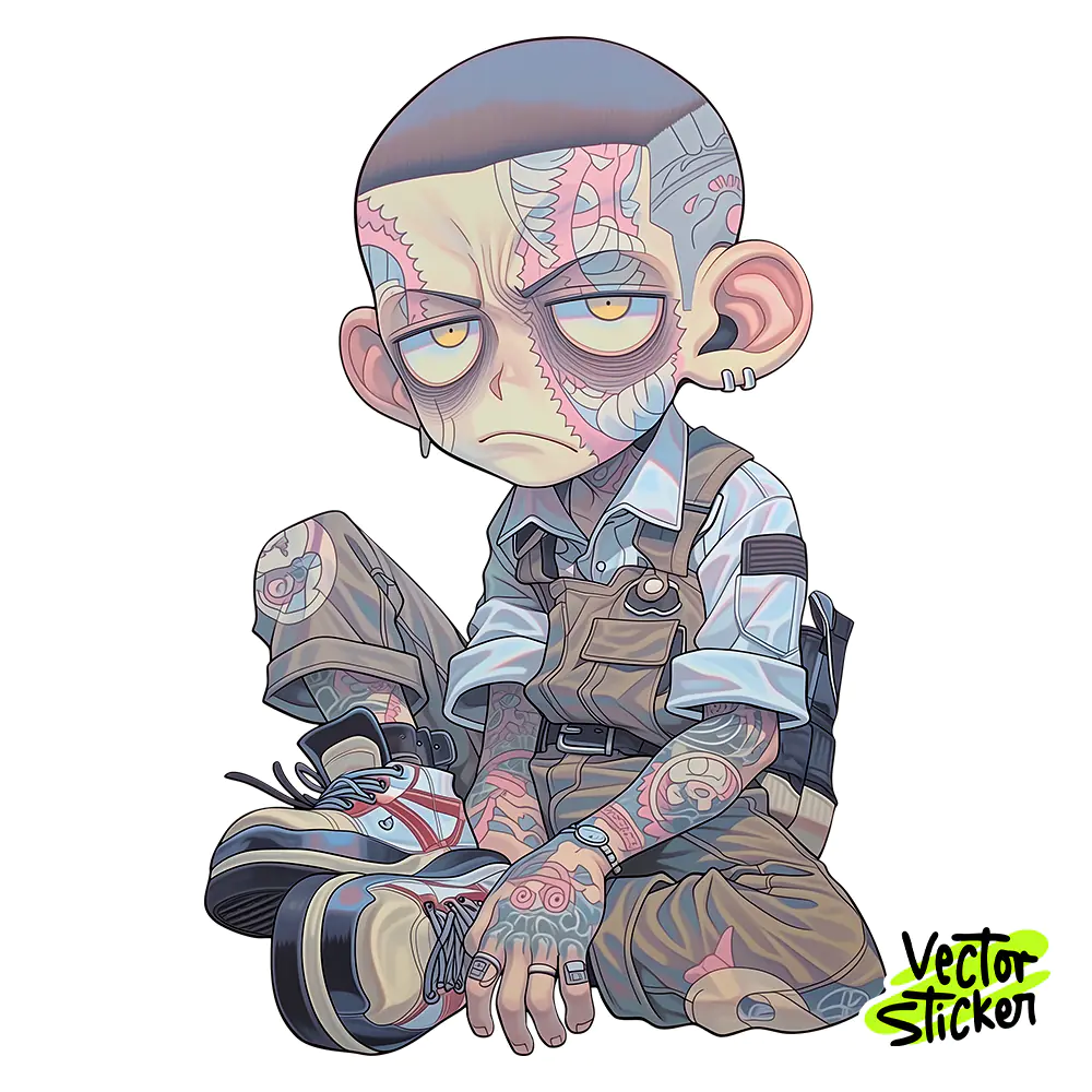 Tattooed Boy Overalls Sticker Design – Cyberpunk Y2K Style | VectorSticker Free PNG Download