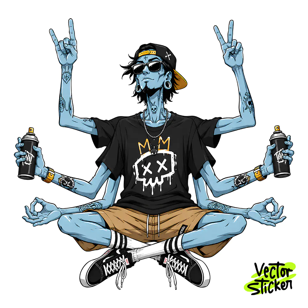 Multi-Armed Urban Man Sticker Design – Skaterr Vibe | VectorSticker Free PNG Download