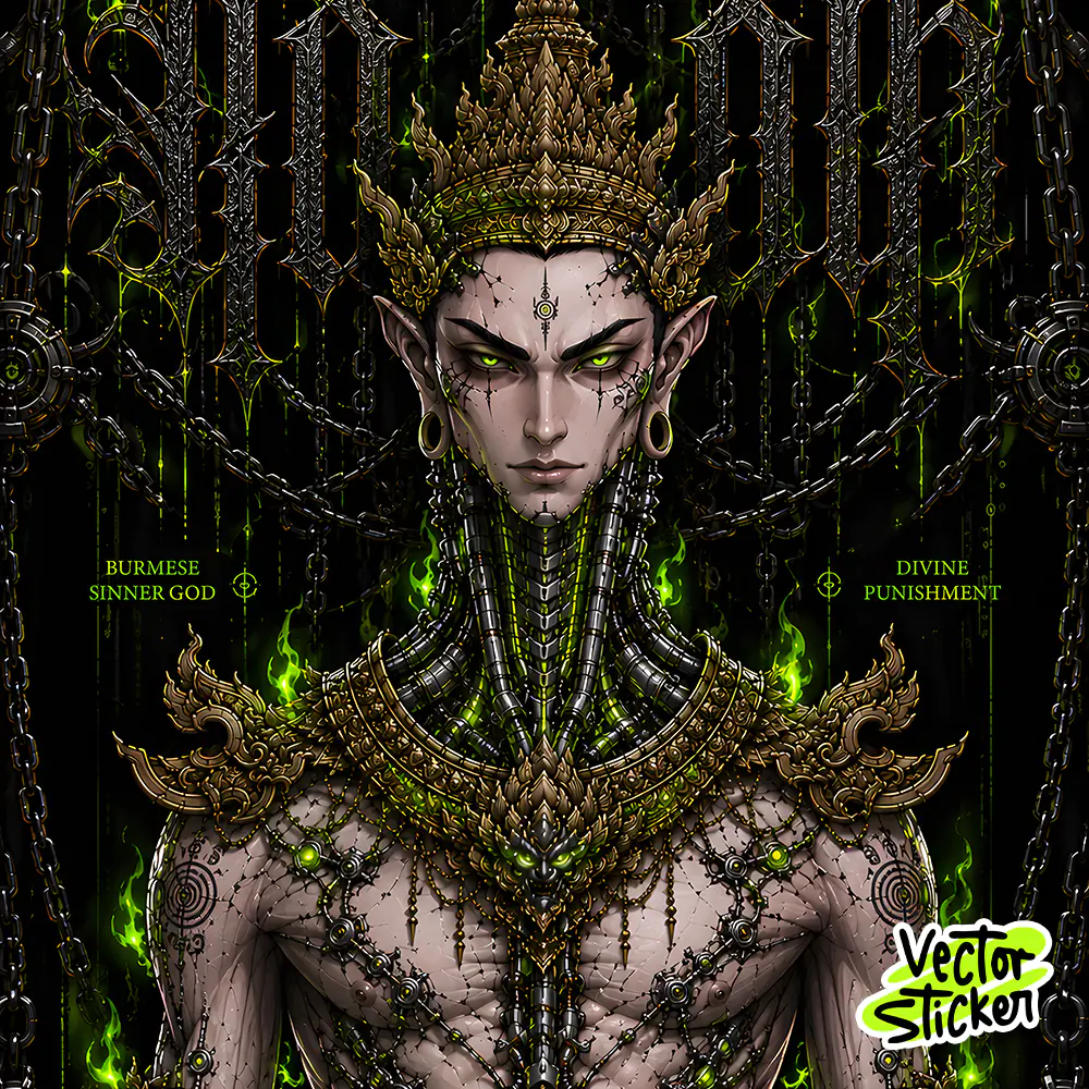 Cyberpunk Divine Punishment Burmese Traditional StyleMobile Wallpaper – Dark Fantasy | VectorSticker
