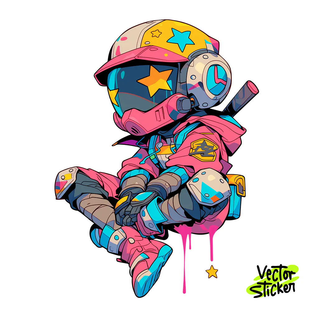 Chibi Pink Ninja Cyberpunk Astronaut Sticker Design | VectorSticker Free PNG Download