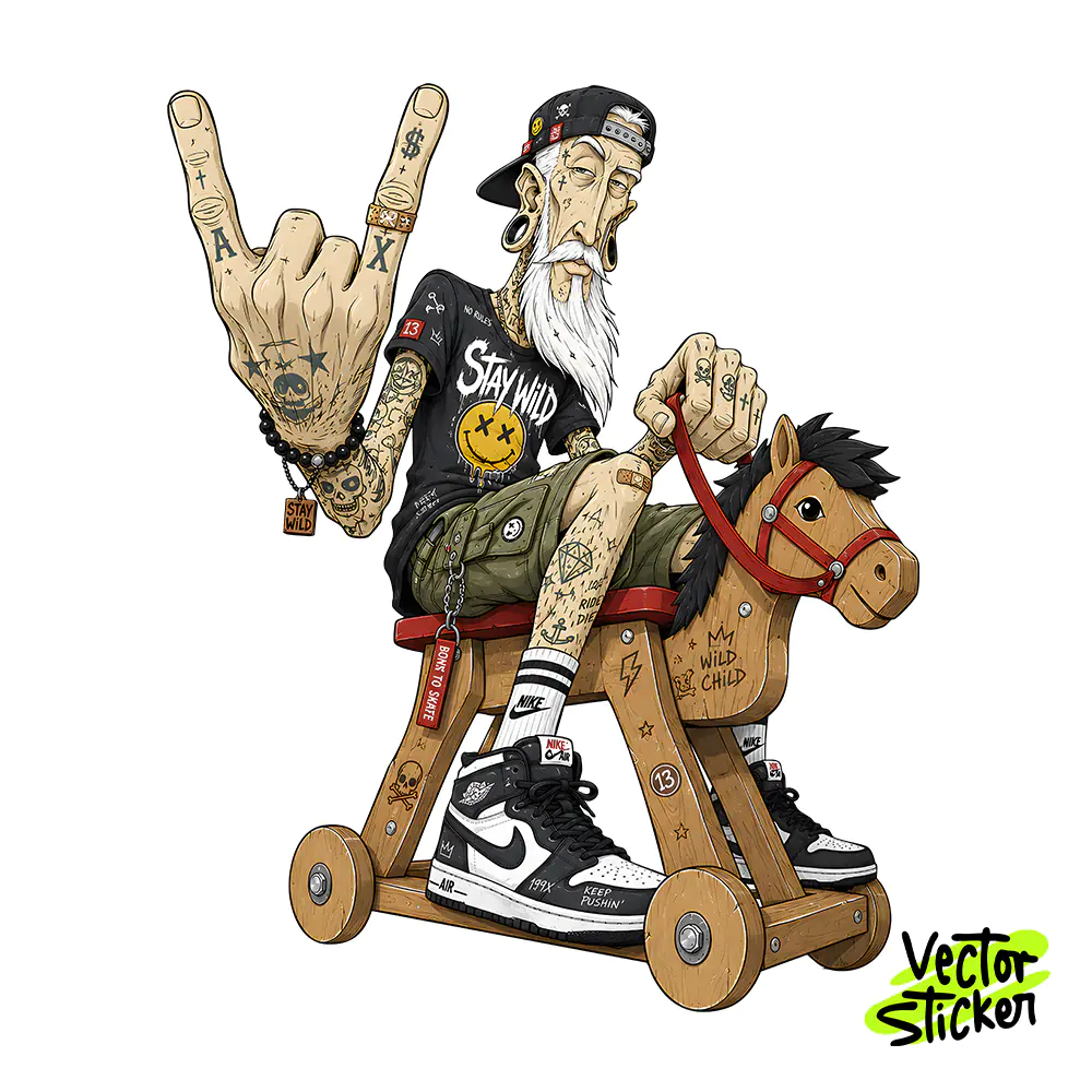 Rocker Old Man Wooden Horse Sticker Design – Streetwear Vibe | VectorSticker Free PNG Download