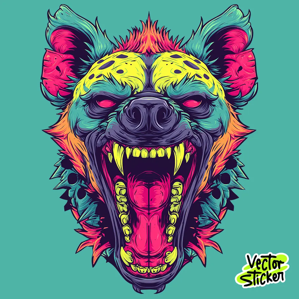 Neon Roaring Hyena Head Sticker Design