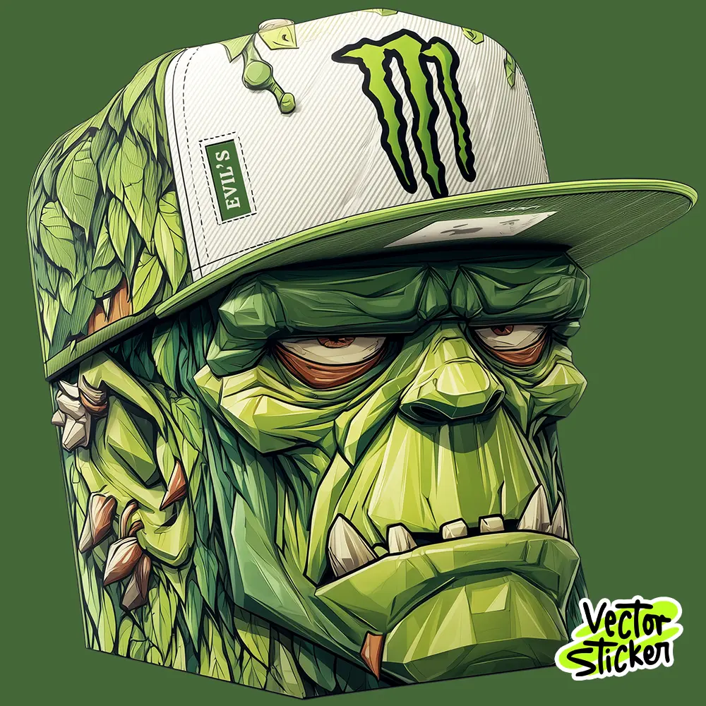 Low Poly Monster Head Sticker – Green Theme with Cap