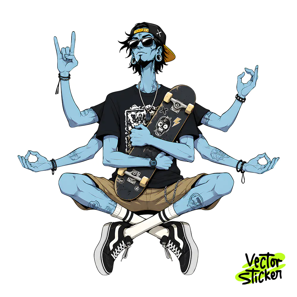 Multi-Armed Man Skater Sticker Design – Streetwear Vibe | VectorSticker Free PNG Download