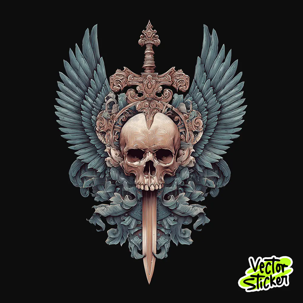 Gothic Skull Tshirt Design – Dark Fantasy Winged Sword | VectorSticker Free PNG Download