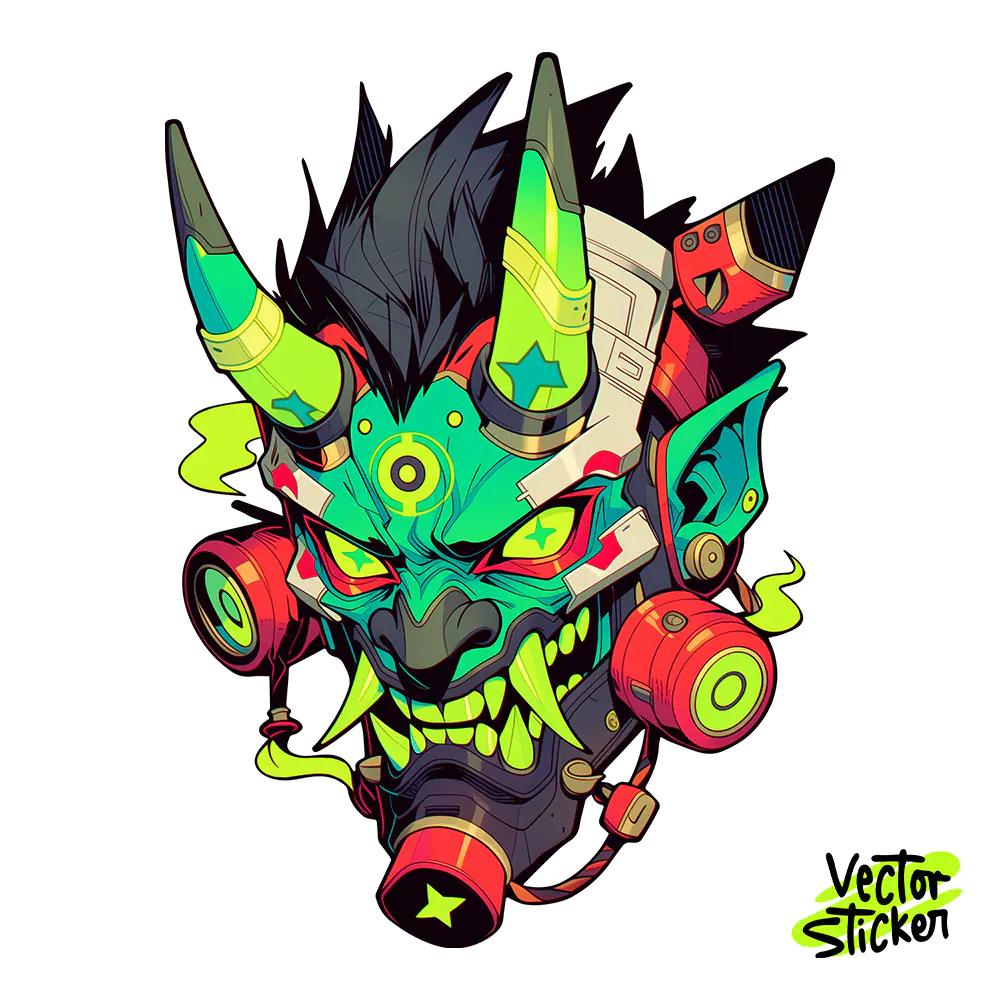 Cyberpunk Oni Mask Sticker Illustration – Techwear Vibe | VectorSticker Free PNG Download