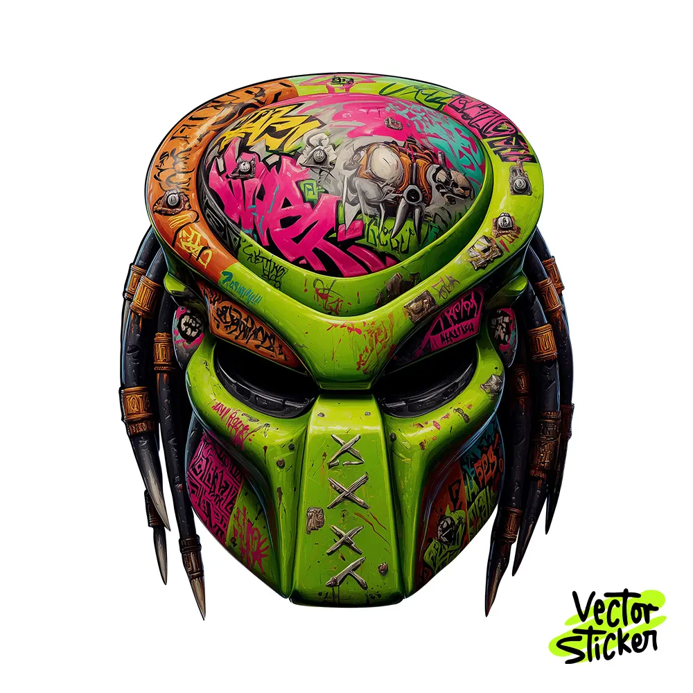 Front Facing Neon Green Predator Helmet Graffiti Vector Sticker – VectorSticker Free PNG