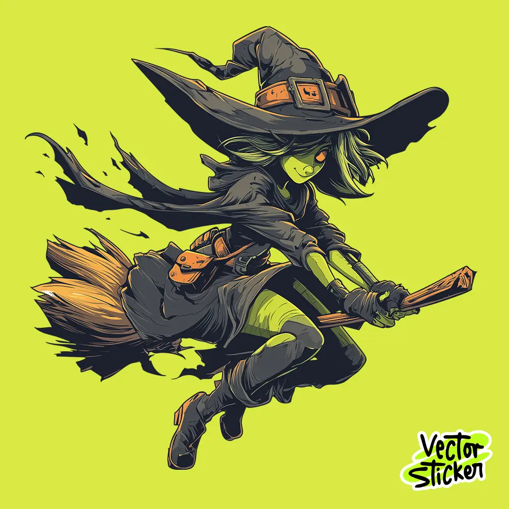 Witch Flying on Broomstick – Halloween Cartoon Sticker