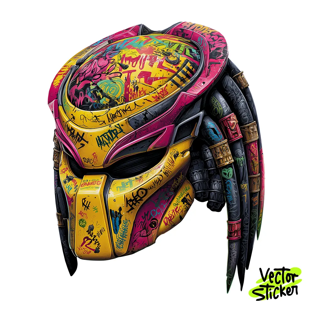 Neon Yellow Predator Helmet Graffiti Vector Sticker – VectorSticker Free PNG