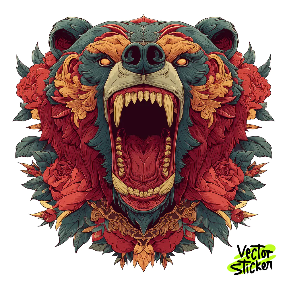 Roaring Bear Tshirt Design – Floral Tattoo Style | VectorSticker Free PNG Download