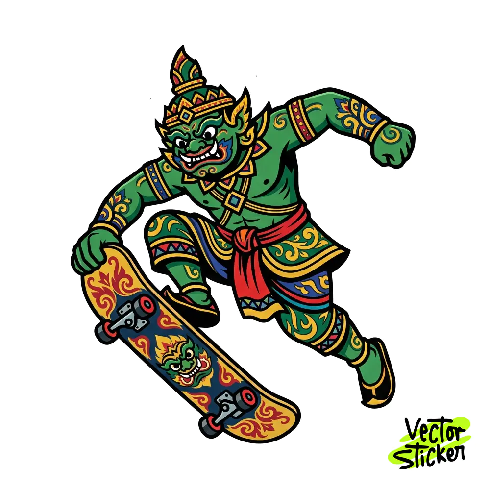 Green Burmese Ogre Skater Sticker Design – Mythical Streetwear Style | VectorSticker Free PNG