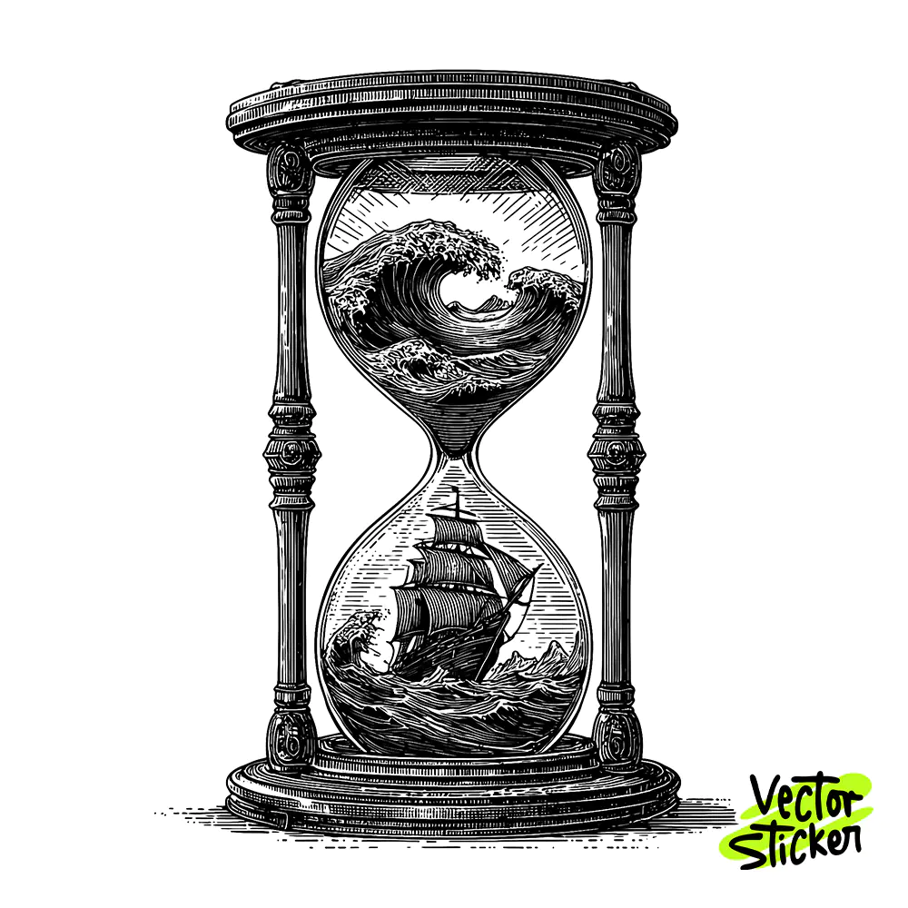 Hourglass Ocean Tshirt Design – Etched Maritime Ship | VectorSticker Free PNG Download