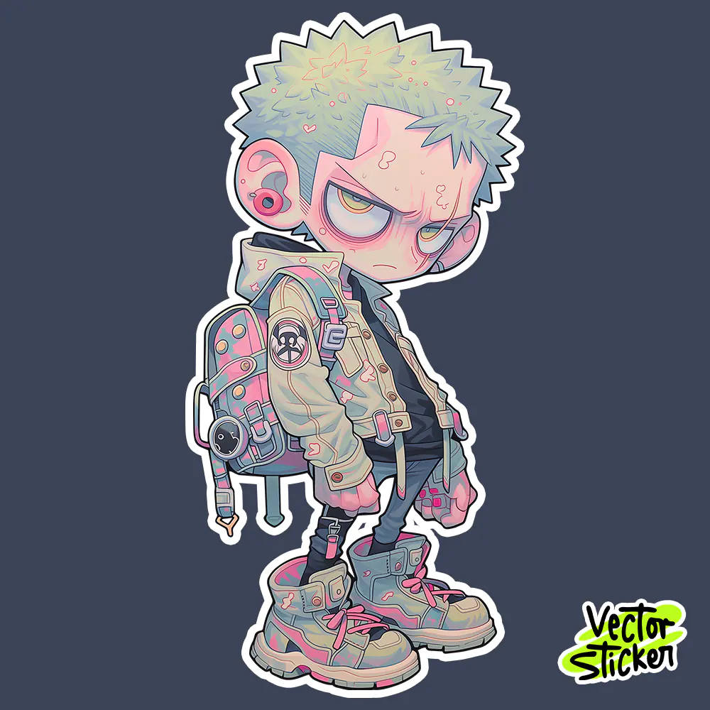 Urban Boy Sticker Design – Spiky Hair Chibi Anime Character | VectorSticker Free PNG Download