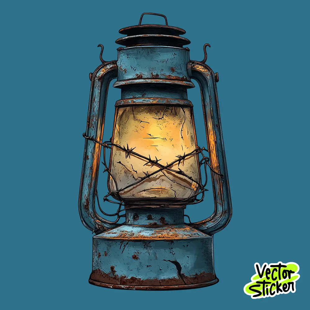 Vintage Lantern with Barbed Wire – Grunge Vector Sticker