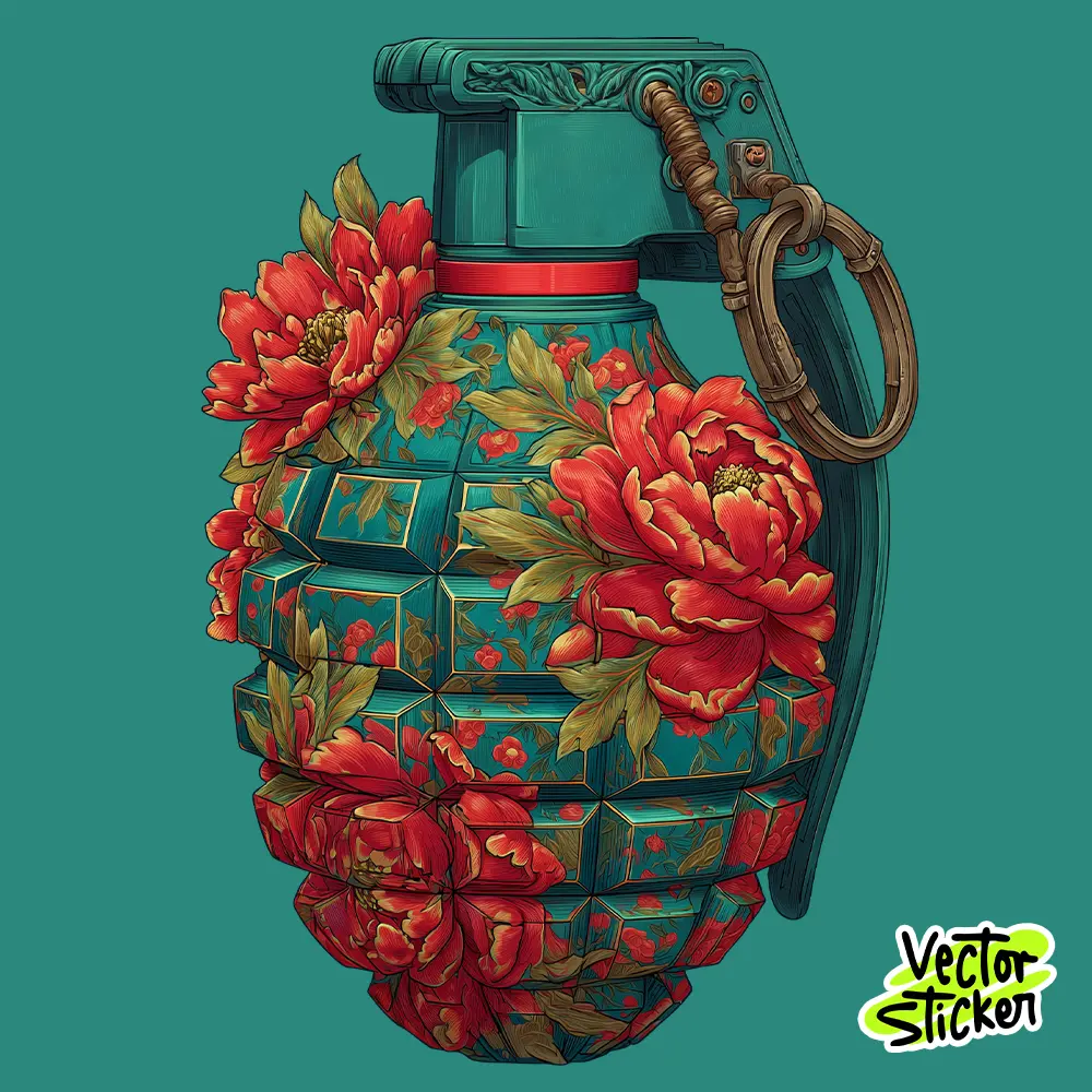 Floral Grenade Sticker in Green and Red