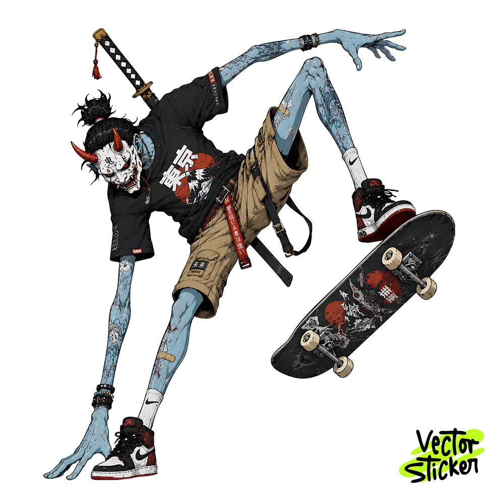 Oni Skater Ninja Tshirt Design – Streetwear Vibe | VectorSticker Free PNG Download