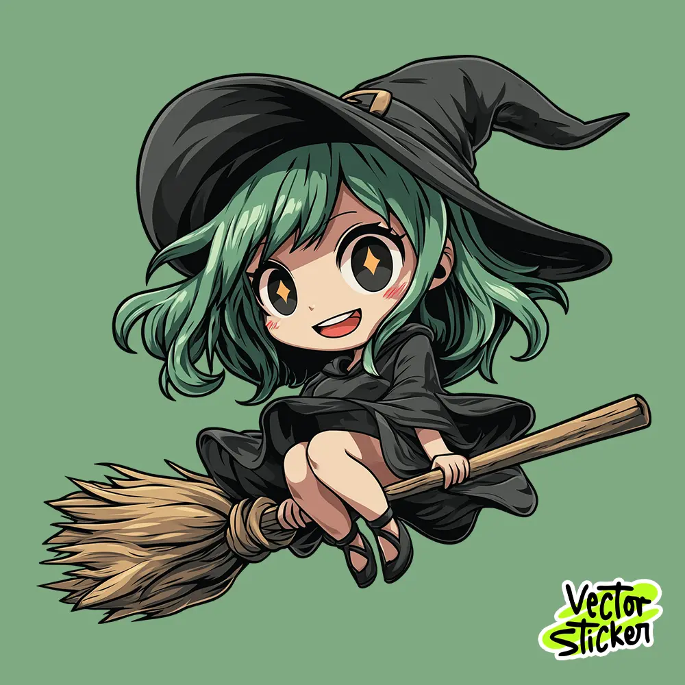 Chibi Witch on Broom – Cute Halloween Sticker