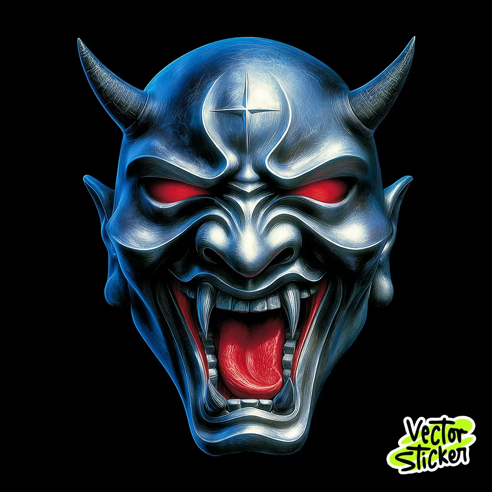 Chrome Blue Oni Demon Mask Red Eyes Vector Sticker – VectorSticker Free PNG
