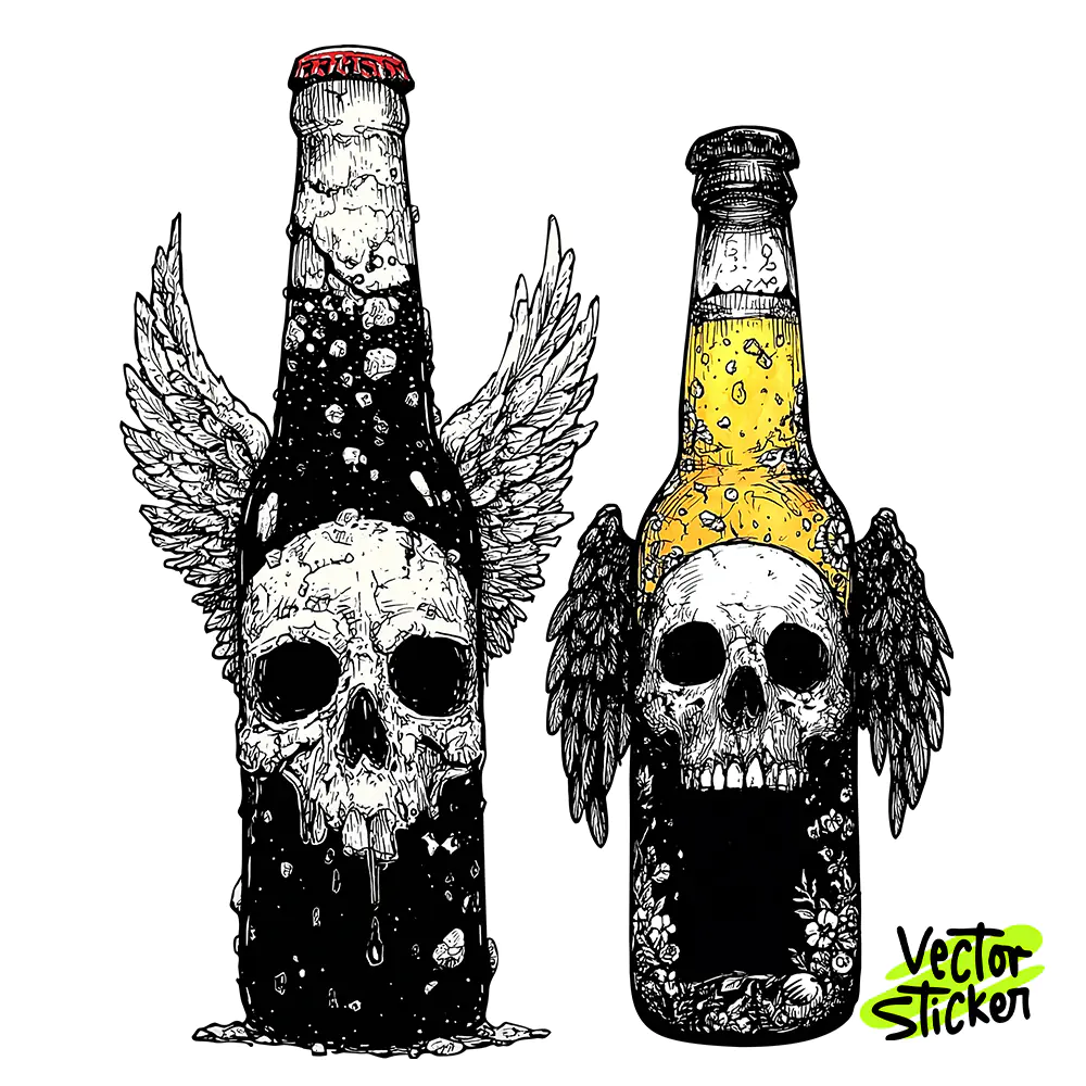 Beer Bottle Skull Wings Tshirt Design – Grunge Tattoo | VectorSticker Free PNG Download