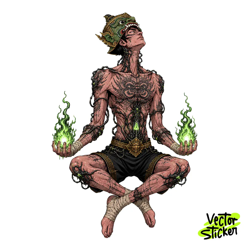Burmese Style Mythical Warrior Illustration – Cyber Fantasy Style | VectorSticker Free PNG
