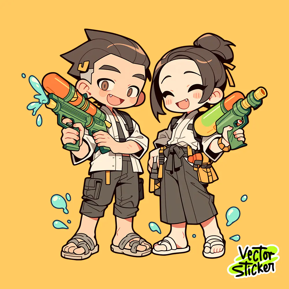 Thai Songkran Water Festival Cute Couple Water Gun Sticker PNG