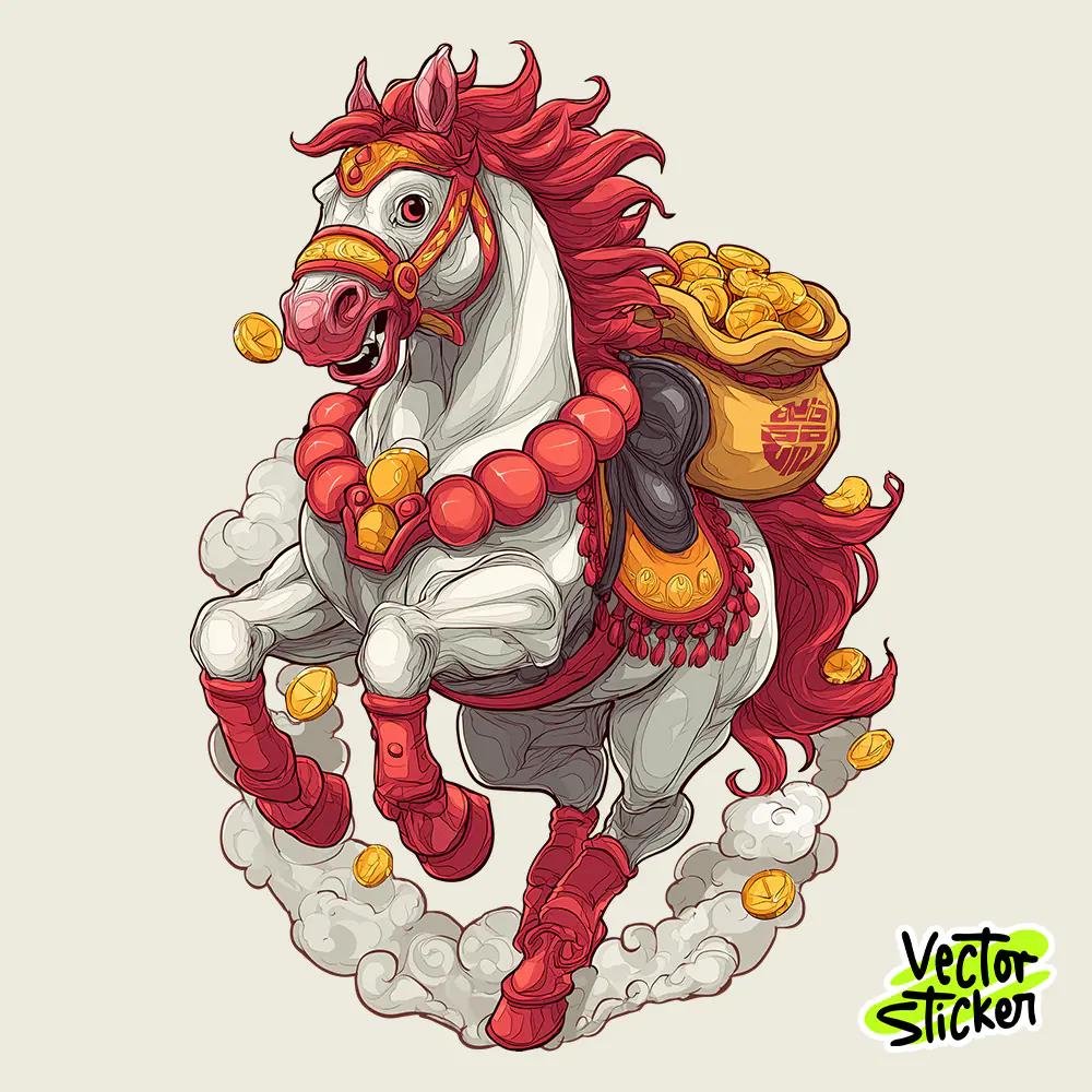 Running Chinese New Year White Horse with Gold Coins – Festive PNG