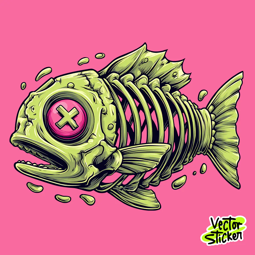 Neon Zombie Skeleton Fish Sticker Free PNG | VectorSticker