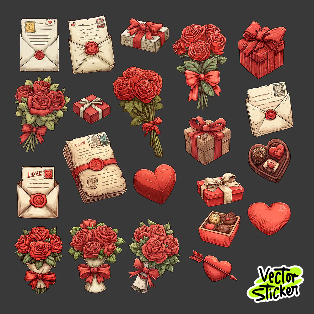 Valentine’s Day Love Sticker Set with Hearts, Roses, Gifts, and Letters