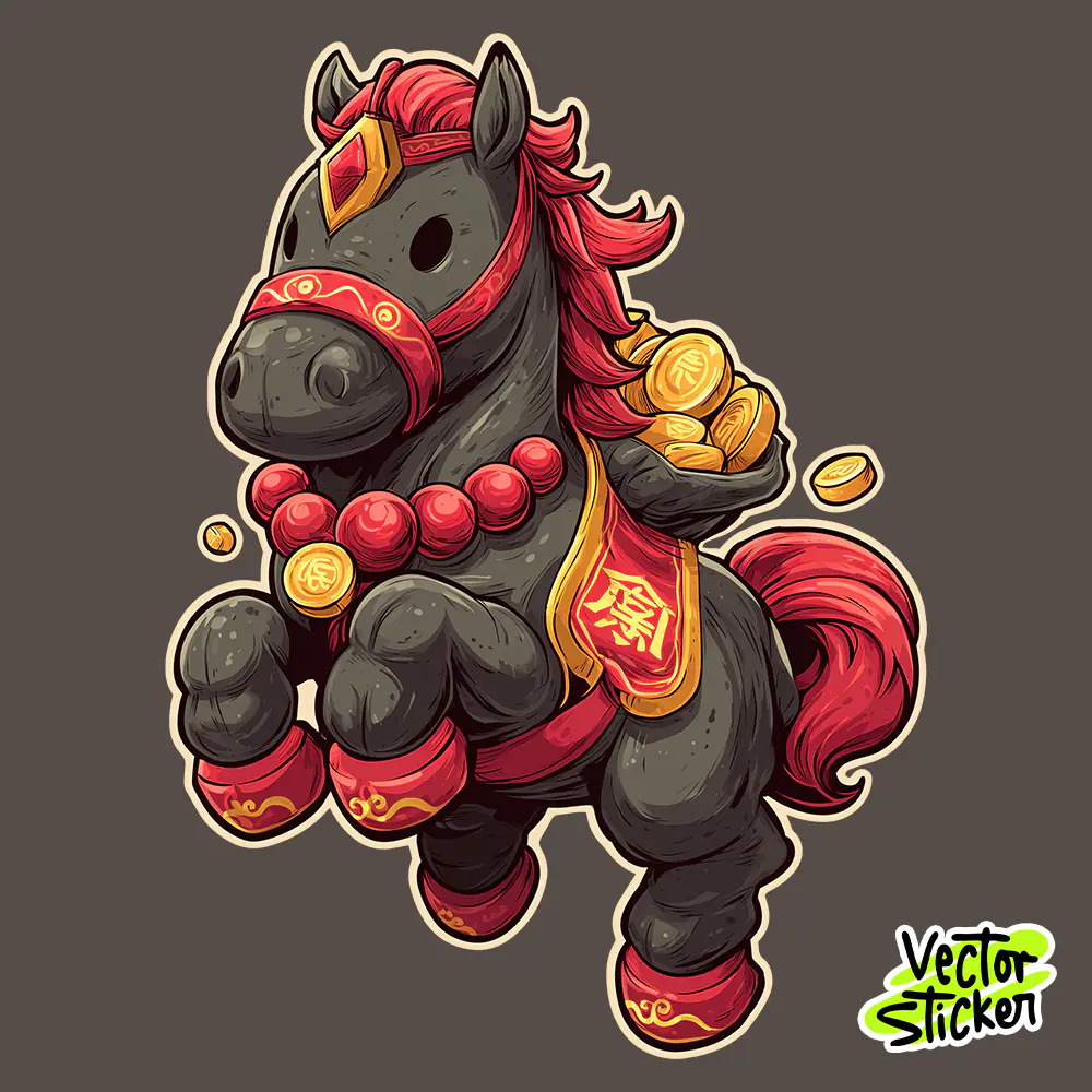 Chibi Chinese New Year Lucky Horse Coin Mascot Sticker PNG