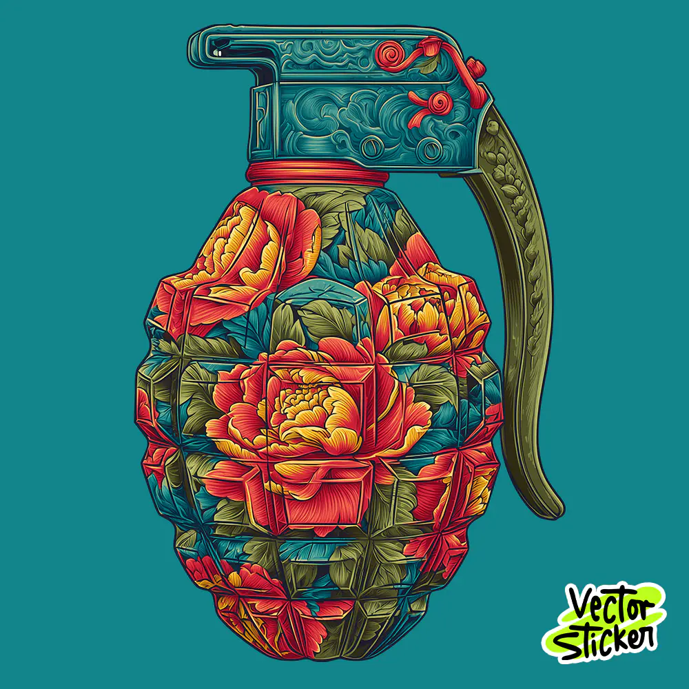 Floral Grenade Sticker Vintage Botanical Teal Red Design